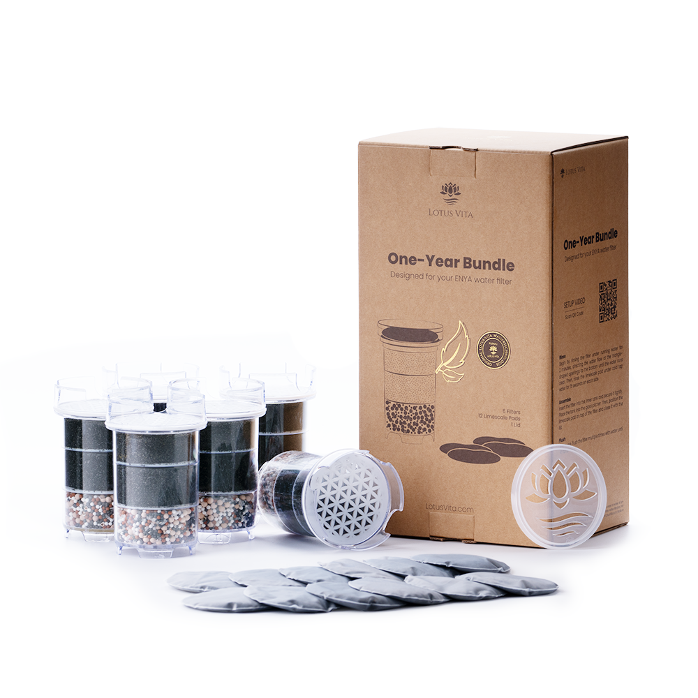 The Lotus Vita One-Year Bundle for the ENYA water filter, showing the box alongside six replacement filter cartridges and twelve limescale pads.
