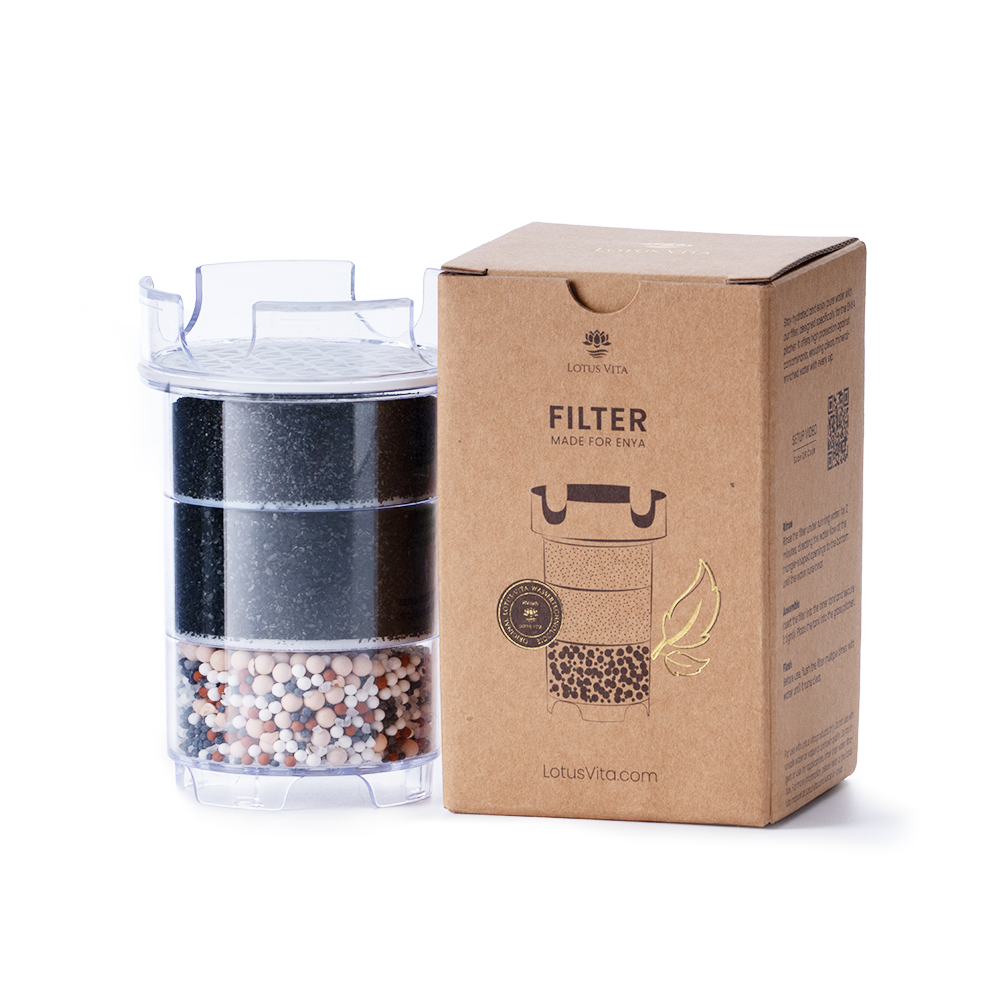 The Lotus Vita ENYA replacement filter cartridge with its multi-stage filtration layers is shown next to its retail packaging.