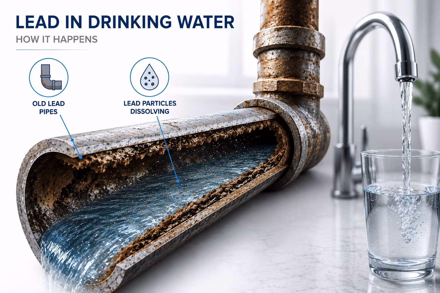 Infographic illustrating how lead from old, corroded pipes dissolves into the water supply, leading to contaminated drinking water from the tap.