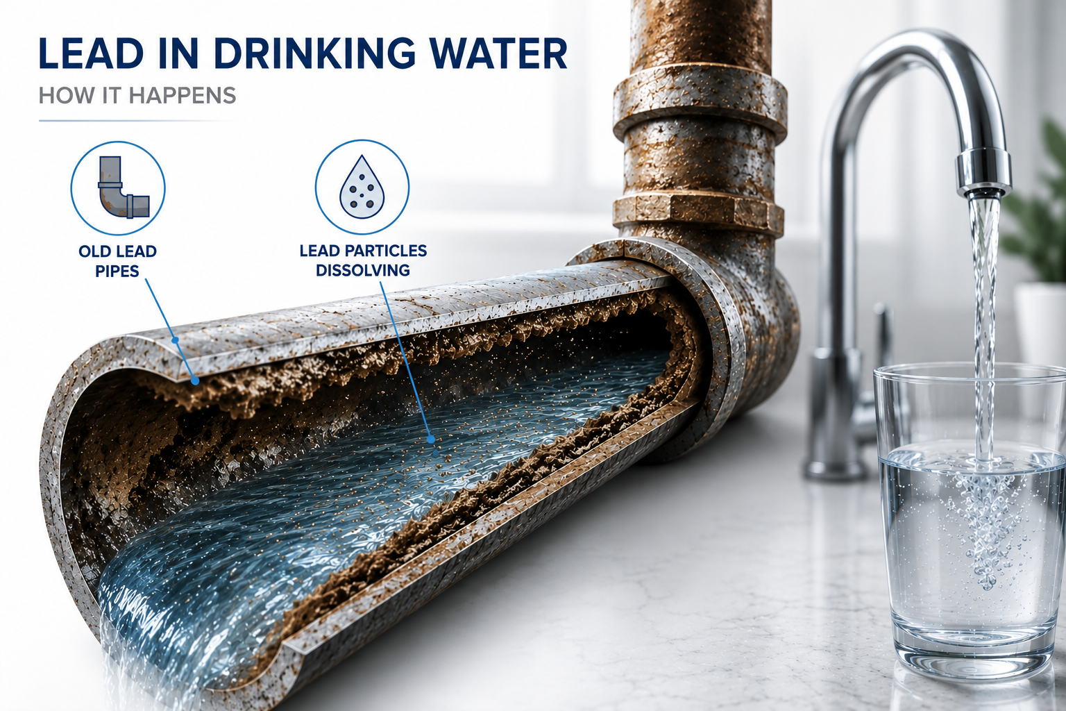 Infographic illustrating how lead from old, corroded pipes dissolves into the water supply, leading to contaminated drinking water from the tap.
